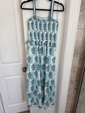 Smocked Floral Maxi Dress with pockets in Aqua & White